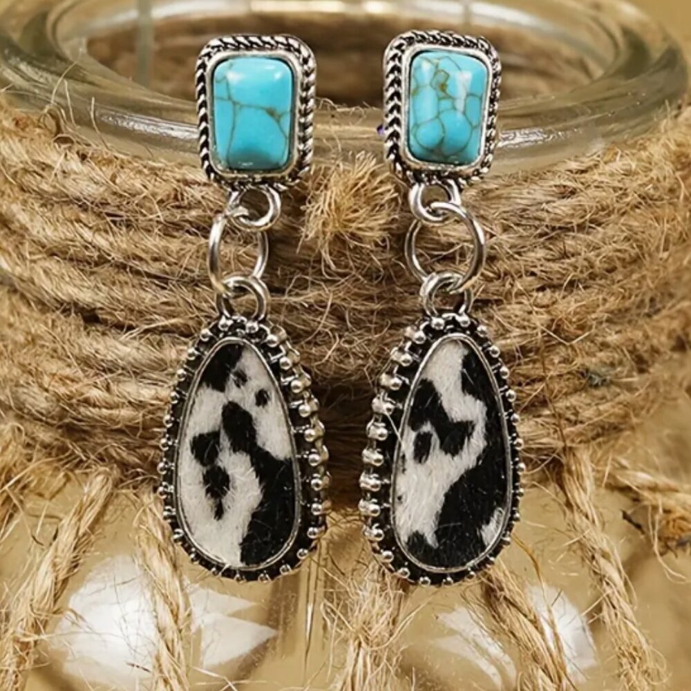 Western earrings - turquoise coloured stone with cow print drop - silver plated